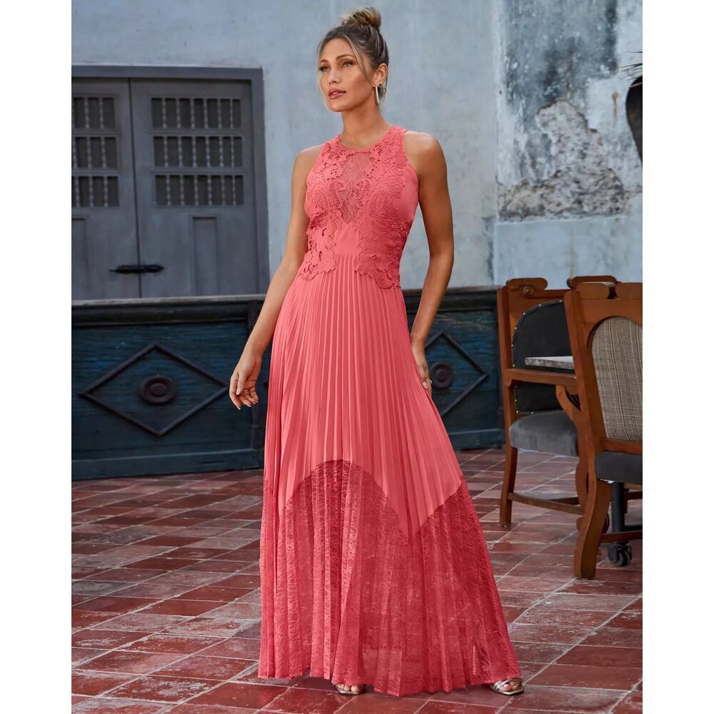Boston Proper coral pink Lace Pleated Occasion Maxi Dress sz 2 new with tags